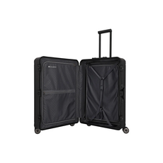 Der Travelite Next 2.0 4-Rollen-Trolley L (77 cm, Schwarz) von Travelite verfügt über eine schwarze Aluminium-Hartschale, Netztaschen mit Reißverschluss, verstellbare Gurte, vier Spinnerrollen, einen Teleskopgriff und ein TSA-Schloss für sicheres Reisen.