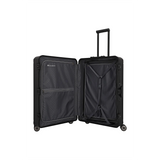 Der Travelite Next 2.0 4-Rollen-Trolley L (77 cm, Schwarz) von Travelite verfügt über eine schwarze Aluminium-Hartschale, Netztaschen mit Reißverschluss, verstellbare Gurte, vier Spinnerrollen, einen Teleskopgriff und ein TSA-Schloss für sicheres Reisen.