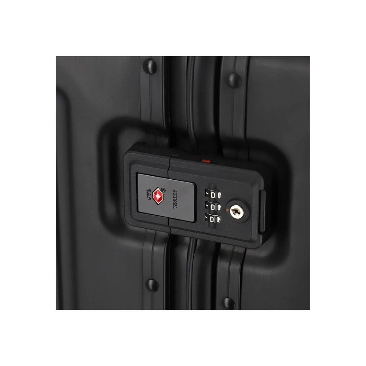 Nahaufnahme des Travelite Next 2.0 4-Rollen-Trolley L (77 cm, Schwarz) von Travelite, die die Aluminium-Hartschale und das TSA-Zahlenschloss mit Schlüsselöffnung zeigt.