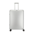 Der Travelite Next 4-Rollen-Trolley L (77 cm, Silber) von Travelite besticht durch sein elegantes silbernes Aluminiumdesign mit vier Rädern und einem verlängerten Griff, der vor einem schlichten weißen Hintergrund steht.