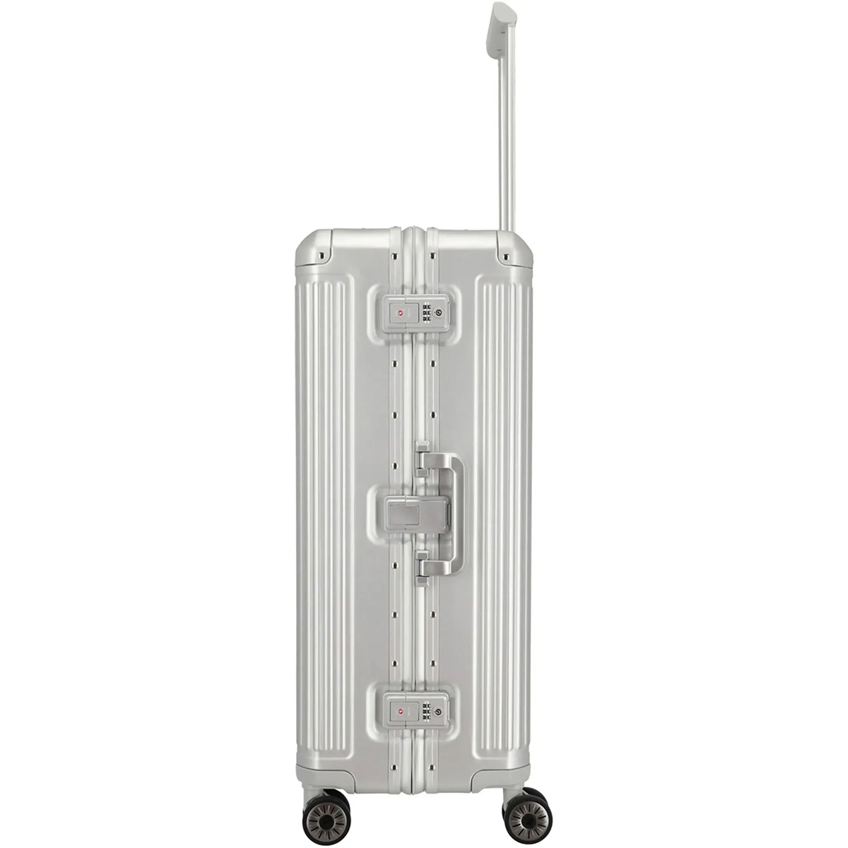 Der Travelite Next 4-Rollen-Trolley L (77 cm, Silber) von Travelite verfügt über vertikale Rillen, vier Rollen und einen verlängerten Griff, der von der Seite betrachtet werden kann.