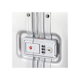 Nahaufnahme des Travelite Next 4-Rollen-Trolley L (77 cm, Silber) von Travelite mit eingebautem TSA-zugelassenem Zahlenschloss an den Reißverschlüssen.