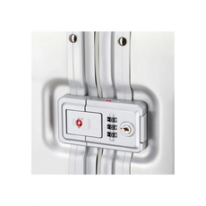 Nahaufnahme eines silbernen TSA-Zahlenschlosses am Reißverschluss des Travelite Next 4-Rollen-Trolley L (77 cm, Silber) von Travelite.