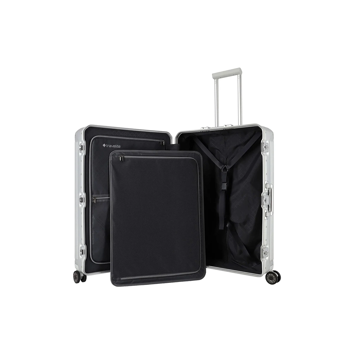 Der Travelite Next 4-Rollen-Trolley L (77 cm, Silber) verfügt über leichtgängige Rollen, eine schwarze Innenausstattung mit Fächern, einen ausziehbaren Griff und ein sicheres TSA-Zahlenschloss für sorgenfreies Reisen.