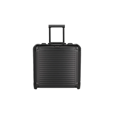 Der Travelite Next Business Wheeler - ein eleganter 34-Liter-Trolley aus Aluminium in Schwarz - verfügt über eine geriffelte Hartschale, vier Rollen und einen ausziehbaren Griff. Ideal als Bordgepäck für effiziente Geschäftsreisen. Abgebildet auf einfarbig weißem Hintergrund.