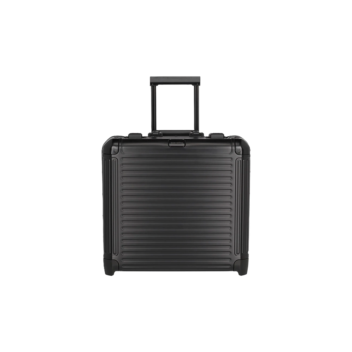 Der Travelite Next Business Wheeler - ein eleganter 34-Liter-Trolley aus Aluminium in Schwarz - verfügt über eine geriffelte Hartschale, vier Rollen und einen ausziehbaren Griff. Ideal als Bordgepäck für effiziente Geschäftsreisen. Abgebildet auf einfarbig weißem Hintergrund.