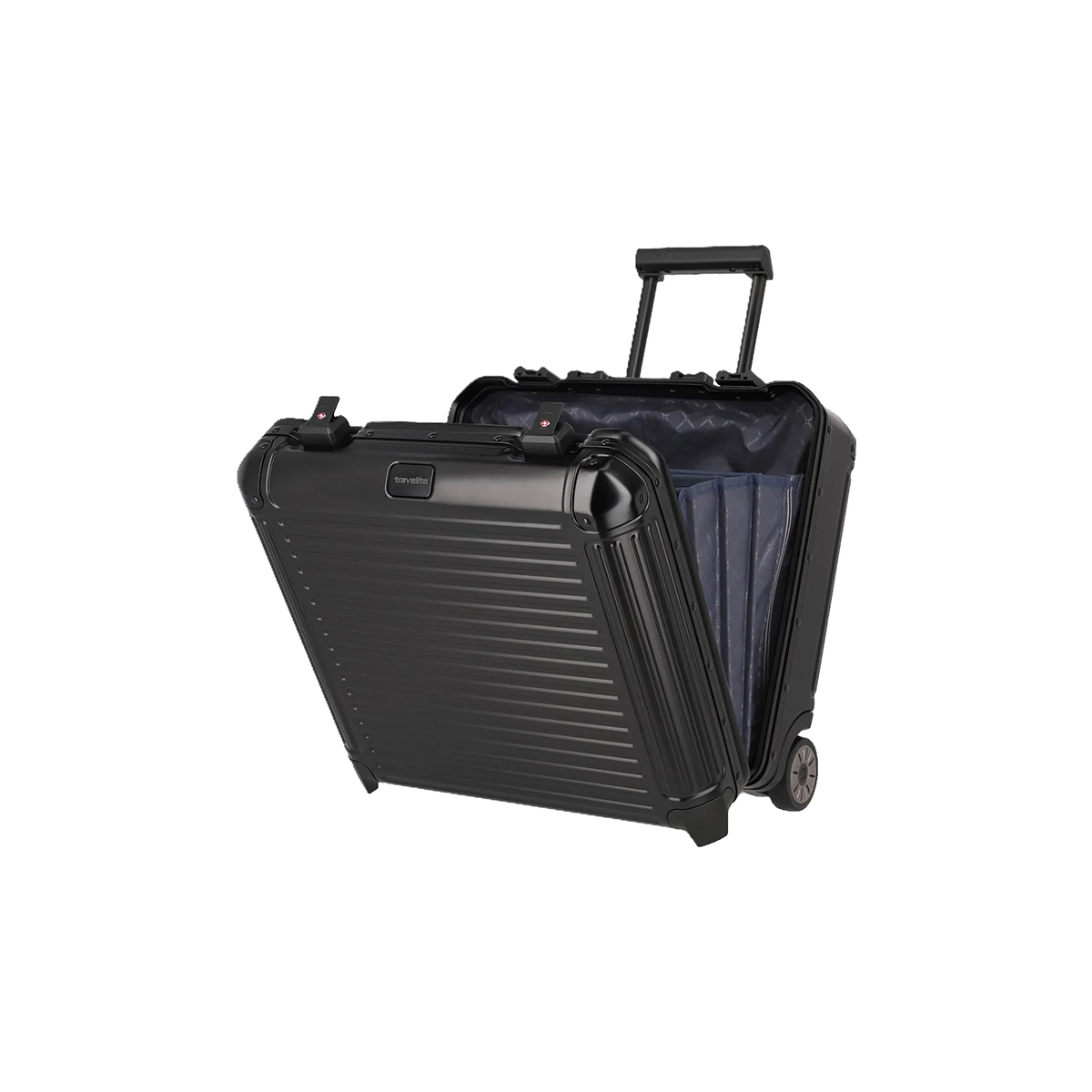 Der Travelite Next Business Wheeler (Schwarz, 34L) von Travelite ist ein Aluminium-Trolley mit gerippter Hartschale, aufrechter Haltung, Teleskopgriff und organisiertem Innenraum - ideal als Bordgepäck.