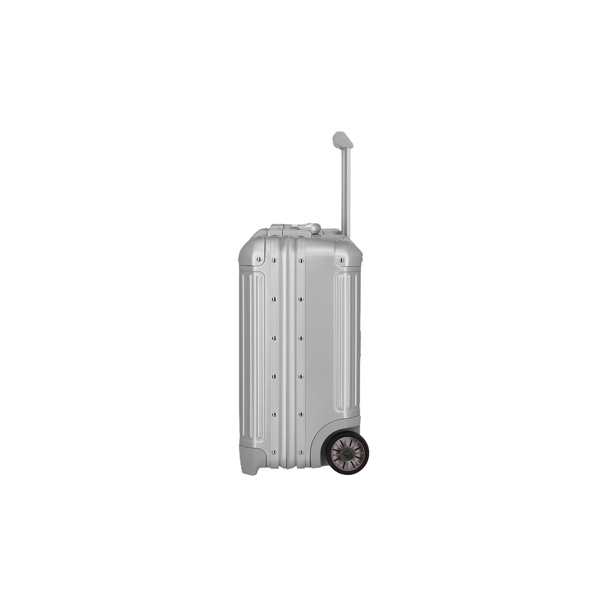 Der Travelite Next Business Wheeler von Travelite ist ein eleganter silberner Aluminium-Trolley (34L), der von der Seite gezeigt wird - ideal als Bordgepäck für jede Reise.