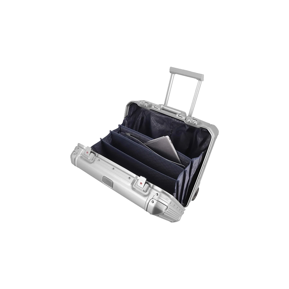 Der Travelite Next Business Wheeler Aluminium Trolley (Silber, 34L) von Travelite ist offen und offenbart mehrere Fächer und einen Laptop im Inneren - das perfekte Bordgepäck für den modernen Berufstätigen.