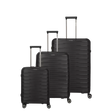 Drei schwarze Travelite Mooby Trolley-Set 3tlg (S/M/L, Schwarz) Koffer mit verlängerten Griffen stehen nebeneinander und sind jeweils mit einem TSA-Zahlenschloss für sicheres Reisen ausgestattet.
