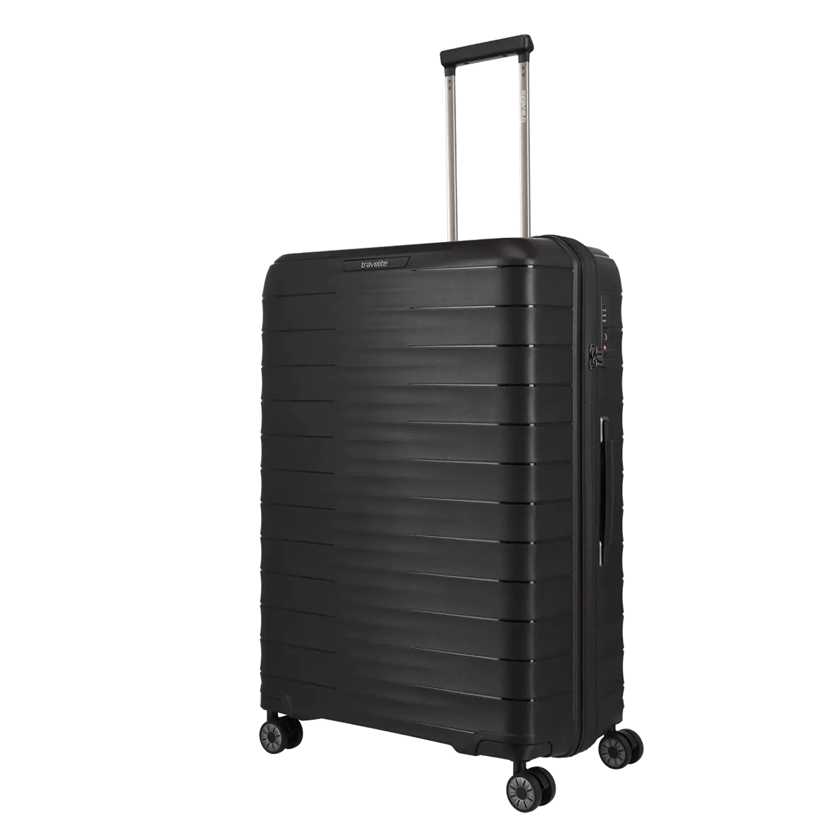 Das Travelite Mooby Trolley-Set 3tlg (S/M/L, Schwarz) von Travelite ist auf einem weißen Hintergrund abgebildet und verfügt über vier Räder, einen verlängerten Teleskopgriff und ein sicheres TSA-Zahlenschloss für sicheres Reisen.