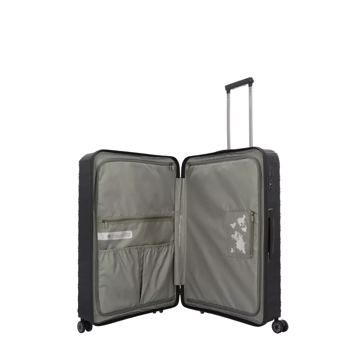 Das Travelite Mooby Trolley-Set 3tlg (S/M/L, Schwarz) verfügt über graues Stofffutter, Innentaschen, einen verlängerten Teleskopgriff und ein sicheres TSA-Zahlenschloss.