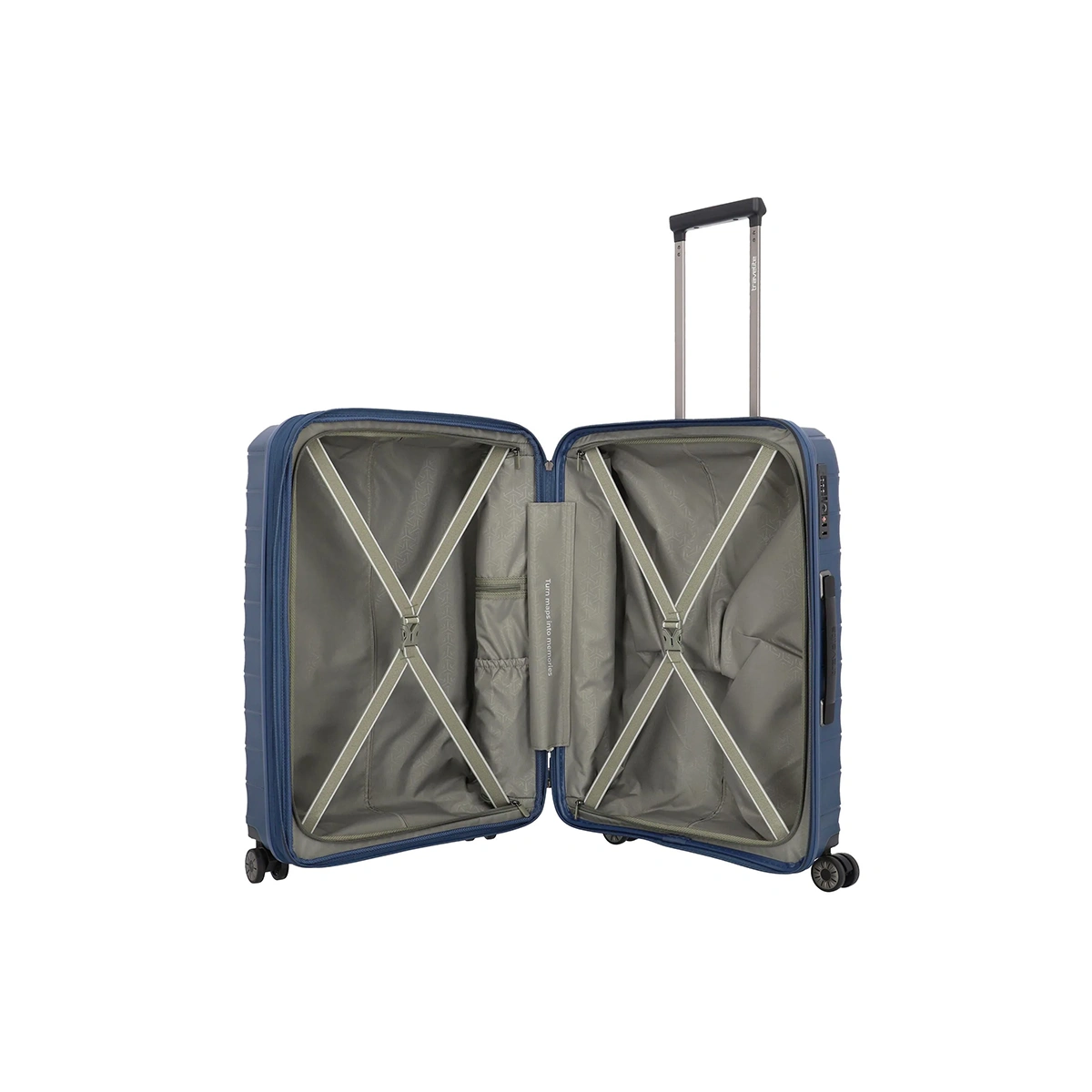 Das Travelite Mooby Trolley-Set 3tlg (S/M/L, Marineblau) von Travelite verfügt über eine Polypropylen-Hartschale, vier Räder, einen grauen Innenraum mit Kreuzspanngurten und Trennwand mit Reißverschluss, Teleskopgriff und TSA-Zahlenschloss.