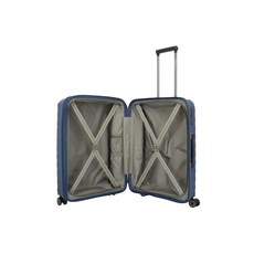 Offenes marineblaues Travelite Mooby Trolley-Set 3tlg (S/M/L) Polypropylen-Hartschalenkoffer mit grauem Innenraum, elastischen Gurten, TSA-Schloss und verlängertem Teleskopgriff.