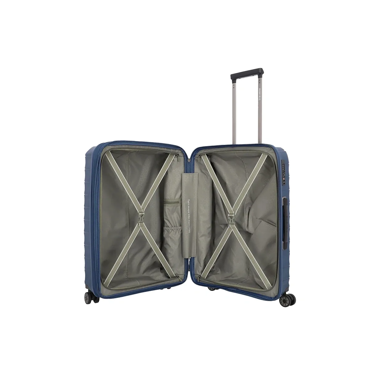 Offenes marineblaues Travelite Mooby Trolley-Set 3tlg (S/M/L) Polypropylen-Hartschalenkoffer mit grauem Innenraum, elastischen Gurten, TSA-Schloss und verlängertem Teleskopgriff.