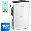 Der Trotec Luftentfeuchter TTK 99 HEPA in weiß, mit HEPA-Filter, ist ideal für bis zu 31L/24h und 90m²-perfekt zur Verhinderung von Schimmelbildung in Ihren Räumen. Abgebildete Merkmale und Icons. Marke: Trotec.