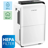 Der Trotec Luftentfeuchter TTK 99 HEPA in weiß, mit HEPA-Filter, ist ideal für bis zu 31L/24h und 90m²-perfekt zur Verhinderung von Schimmelbildung in Ihren Räumen. Abgebildete Merkmale und Icons. Marke: Trotec.
