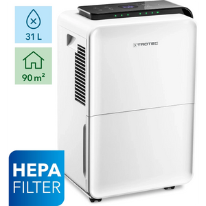 Der Trotec Luftentfeuchter TTK 99 HEPA in weiß, mit HEPA-Filter, ist ideal für bis zu 31L/24h und 90m²-perfekt zur Verhinderung von Schimmelbildung in Ihren Räumen. Abgebildete Merkmale und Icons. Marke: Trotec.