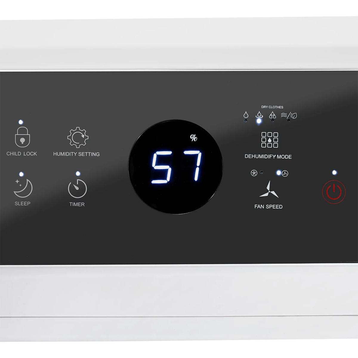 Nahaufnahme des Trotec Luftentfeuchters TTK 99 HEPA-Bedienfeldes von Trotec mit 57% Luftfeuchtigkeit und mehreren Einstelltasten - ideal zum Entfeuchten und zur Vermeidung von Schimmelbildung.