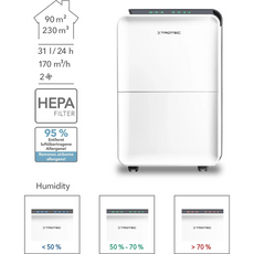 Der Trotec Luftentfeuchter TTK 99 HEPA verfügt über einen Feuchtigkeitsindikator und eine HEPA-Filterung zur Vermeidung von Schimmelbildung und bietet eine effiziente Luftreinigung für Ihren Raum. Perfekt für frische, saubere Raumluft.