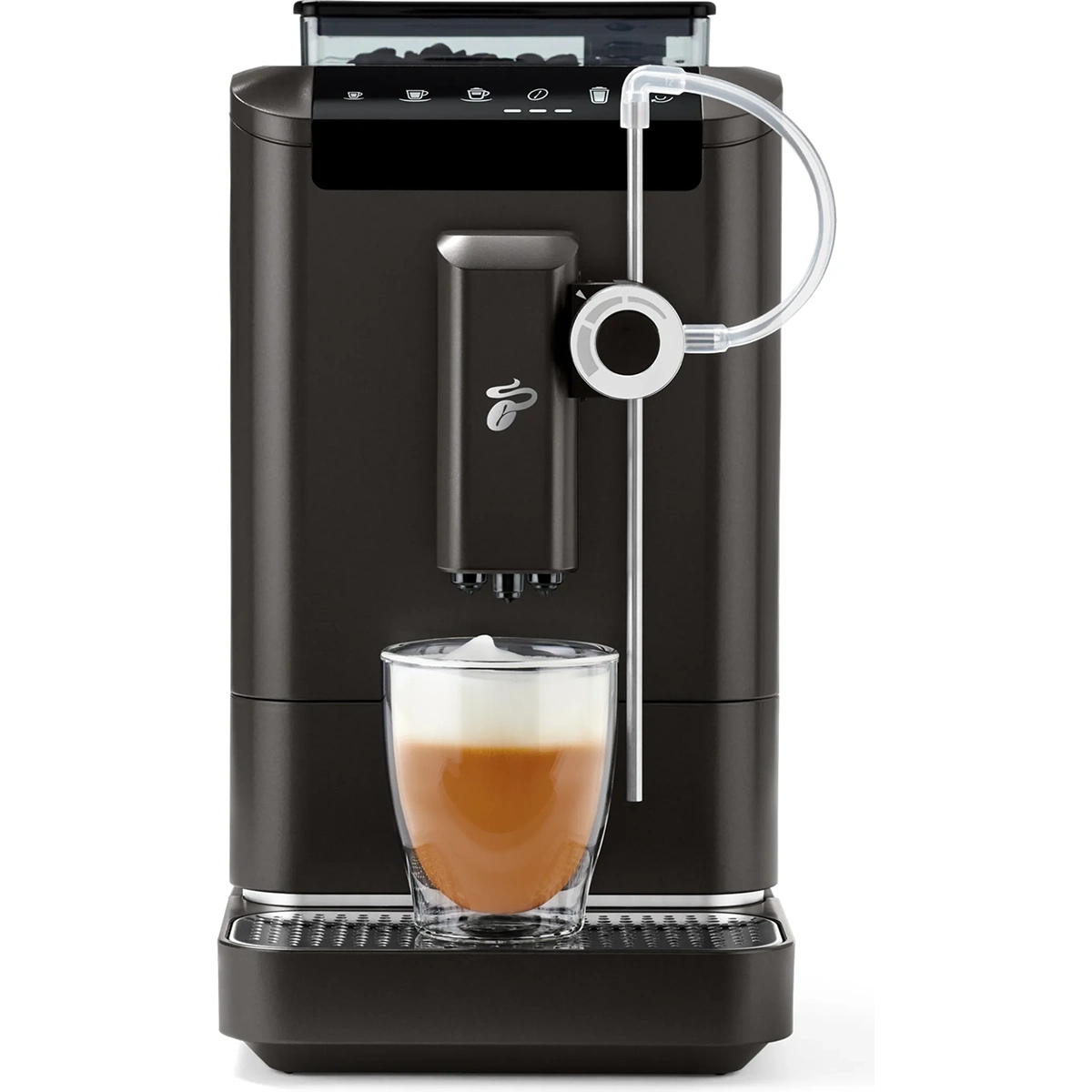 Der elegante schwarze Tchibo Kaffeevollautomat Esperto2 Milk mit integriertem Milchaufschäumer brüht einen cremigen Milchkaffee in einen glasklaren, perfekten Milchschaum - jedes Mal.