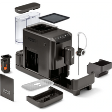 Explosionszeichnung des Tchibo Kaffeevollautomaten Esperto2 Milk in schwarz, die alle Teile und das Esperto2 Milk System getrennt und um das Hauptgerät angeordnet zeigt.