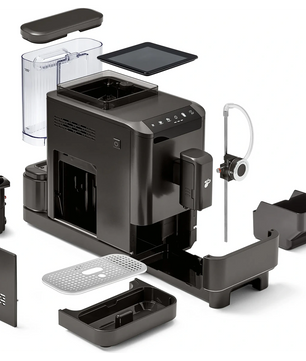Explosionszeichnung des Tchibo Kaffeevollautomaten Esperto2 Milk in schwarz, die alle Teile und das Esperto2 Milk System getrennt und um das Hauptgerät angeordnet zeigt.