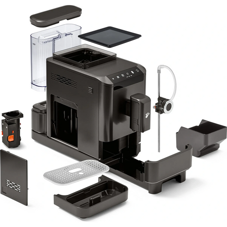 Explosionszeichnung des Tchibo Kaffeevollautomaten Esperto2 Milk in schwarz, die alle Teile und das Esperto2 Milk System getrennt und um das Hauptgerät angeordnet zeigt.