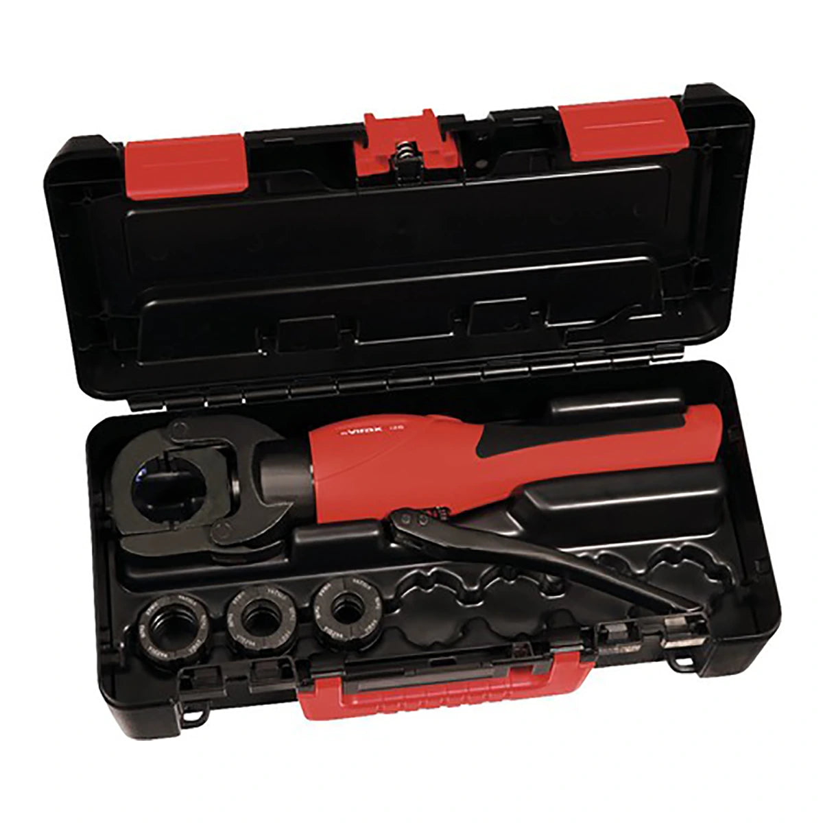 Die Virax Viper i26 Presszange von Virax mit beiliegenden Presszangeneinsätzen kommt in einem offenen schwarzen Gehäuse, perfekt für Alu-Verbundrohr-Installationen und kompatibel mit TH-Presskonturbeschlägen.