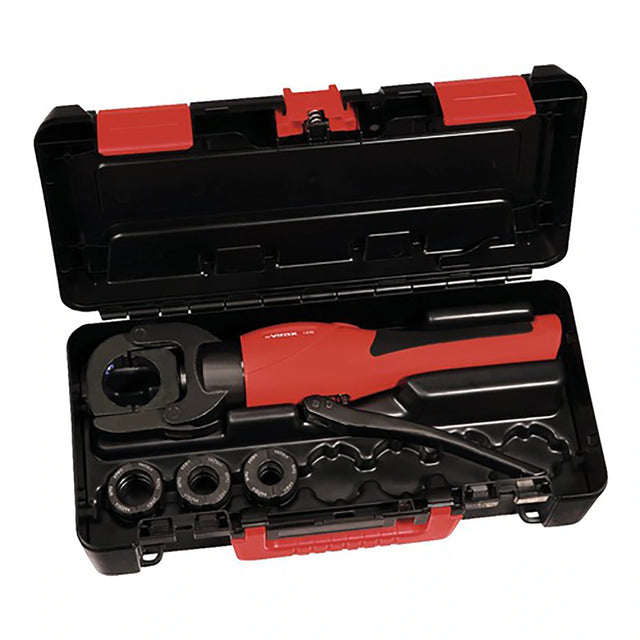 Die Virax Viper i26 Presszange von Virax mit beiliegenden Presszangeneinsätzen kommt in einem offenen schwarzen Gehäuse, perfekt für Alu-Verbundrohr-Installationen und kompatibel mit TH-Presskonturbeschlägen.