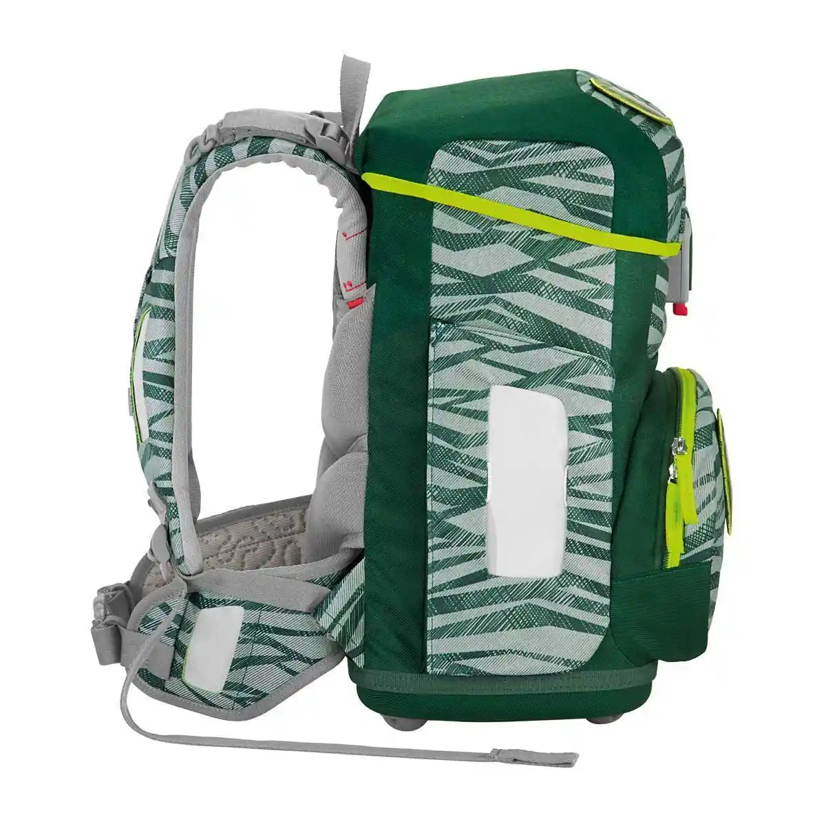 Das Step by Step Circle Schulranzen-Set - "Jungle Cat Chiko" (5-teilig) zeichnet sich durch ein ergonomisches Design, gepolsterte Gurte, geometrische Muster in Grün und Grau und mehrere Reißverschlussfächer für einen organisierten Transport aus.