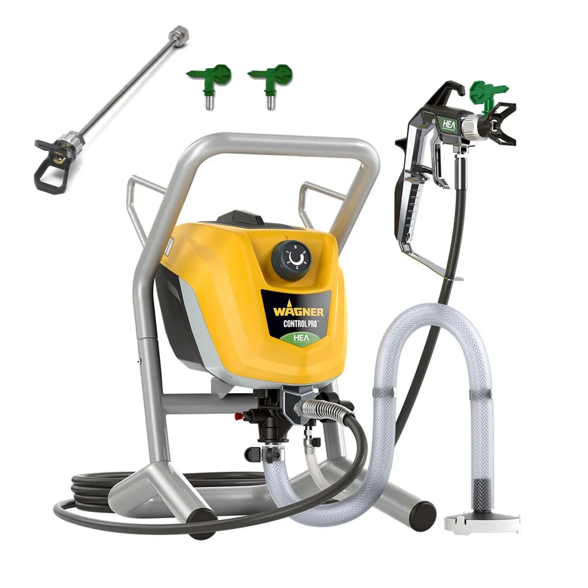 Das Wagner Control PRO 250M Farbspritzgerät von Wagner umfasst einen Schlauch, eine Spritzpistole, HEA-Technologie, zwei Düsen und einen Spritzaufsatz, abgebildet auf weißem Hintergrund.