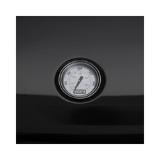Ein rundes Thermometer auf dem schwarzen Deckel des Weber Lumin Compact von Weber zeigt die Temperatur in Grad Fahrenheit an.