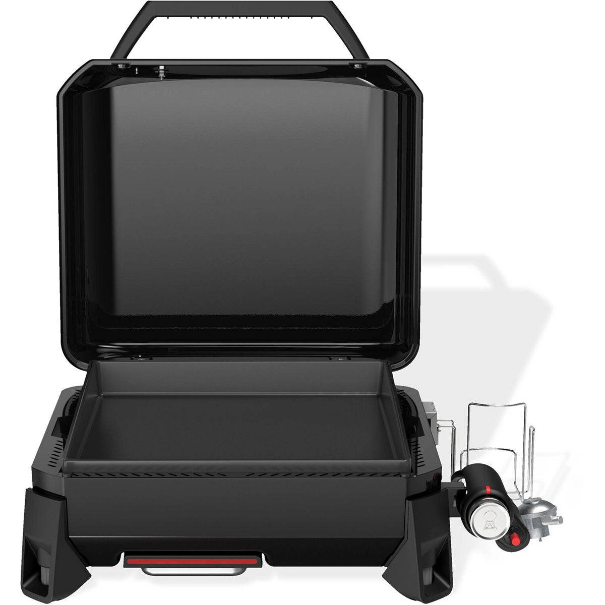 Der Weber SLATE GP 43 cm Premium Plancha ist ein schwarzer tragbarer Tischgrill mit offenem Deckel, einer 43 cm großen Grillfläche und einem Brennerregler auf der rechten Seite.