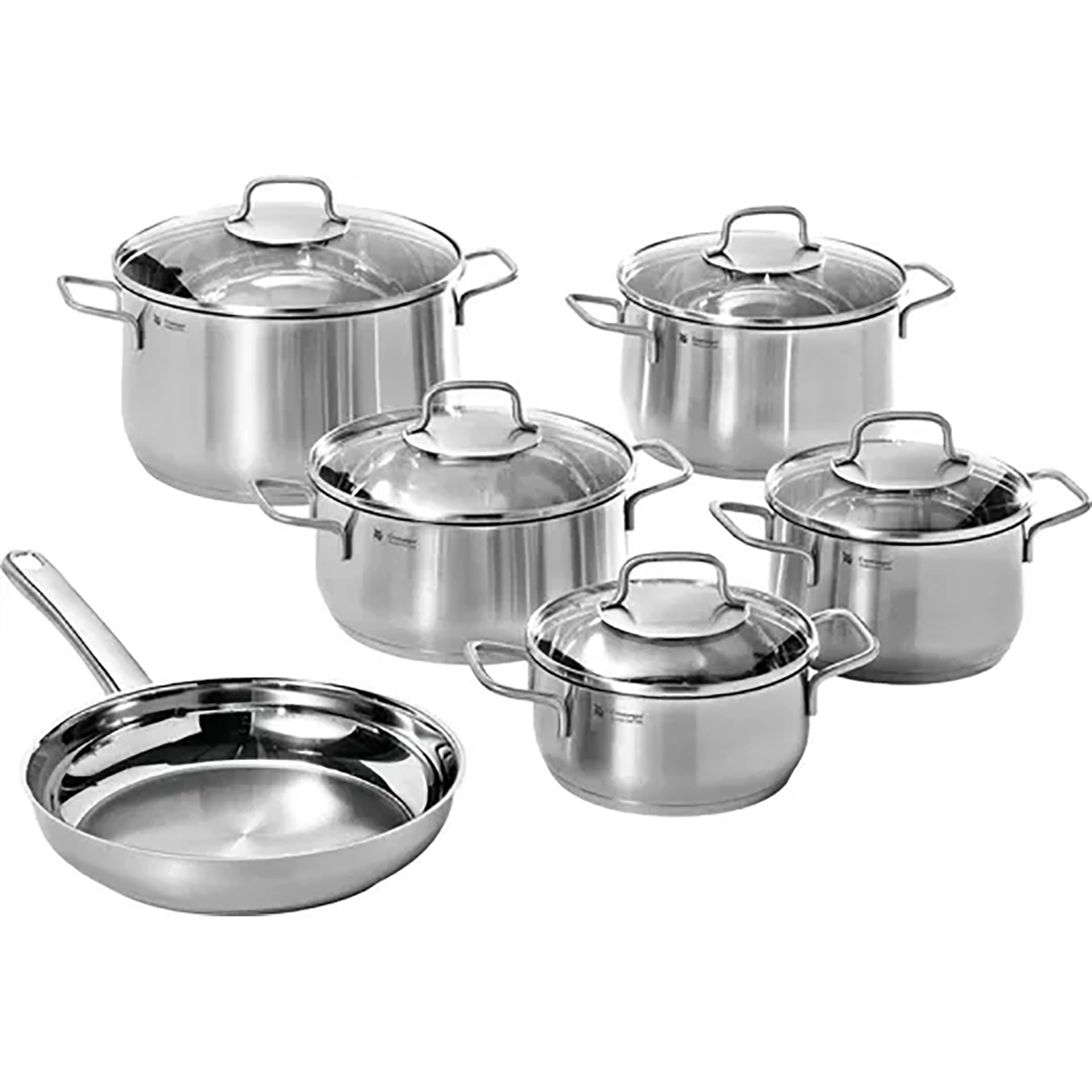 Das WMF Brillant Kochgeschirr-Set 6-teilig von WMF enthält sechs spülmaschinengeeignete Edelstahltöpfe mit Glasdeckeln und eine Edelstahlbratpfanne mit langem Stiel, übersichtlich angeordnet auf weißem Grund.