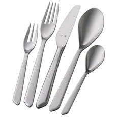 Das WMF NEO Besteck-Set 30-tlg Edelstahl besteht aus Edelstahl-Besteck in modernem Design mit verschiedenen Gabeln, Messern und Löffeln, die auf weißem Grund übersichtlich angeordnet sind. Marke: WMF.
