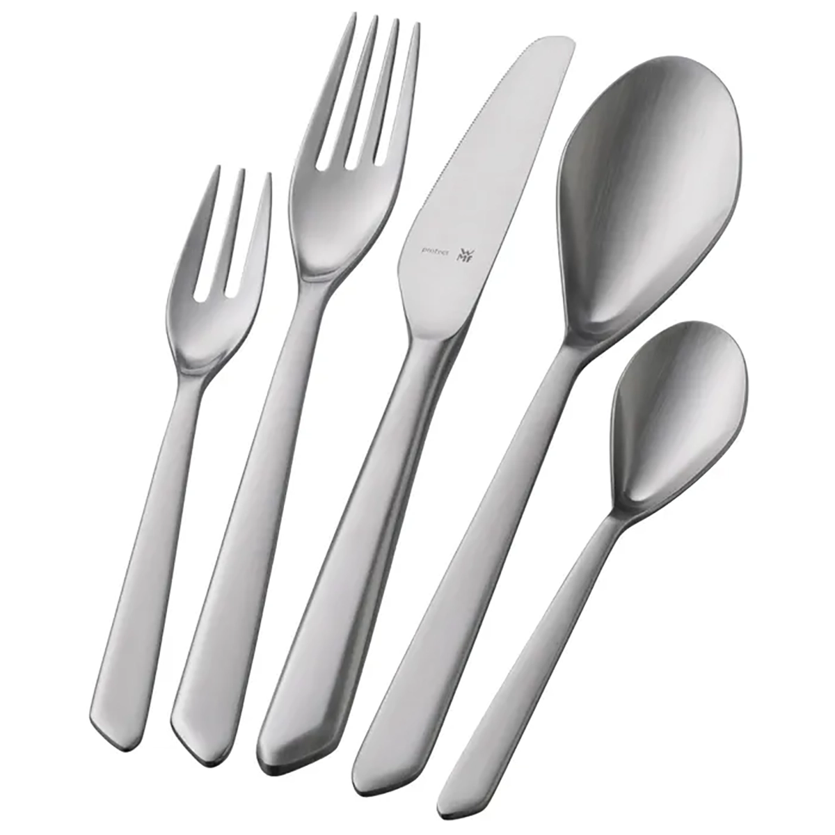 Das WMF NEO Besteck-Set 30-tlg Edelstahl besteht aus Edelstahl-Besteck in modernem Design mit verschiedenen Gabeln, Messern und Löffeln, die auf weißem Grund übersichtlich angeordnet sind. Marke: WMF.