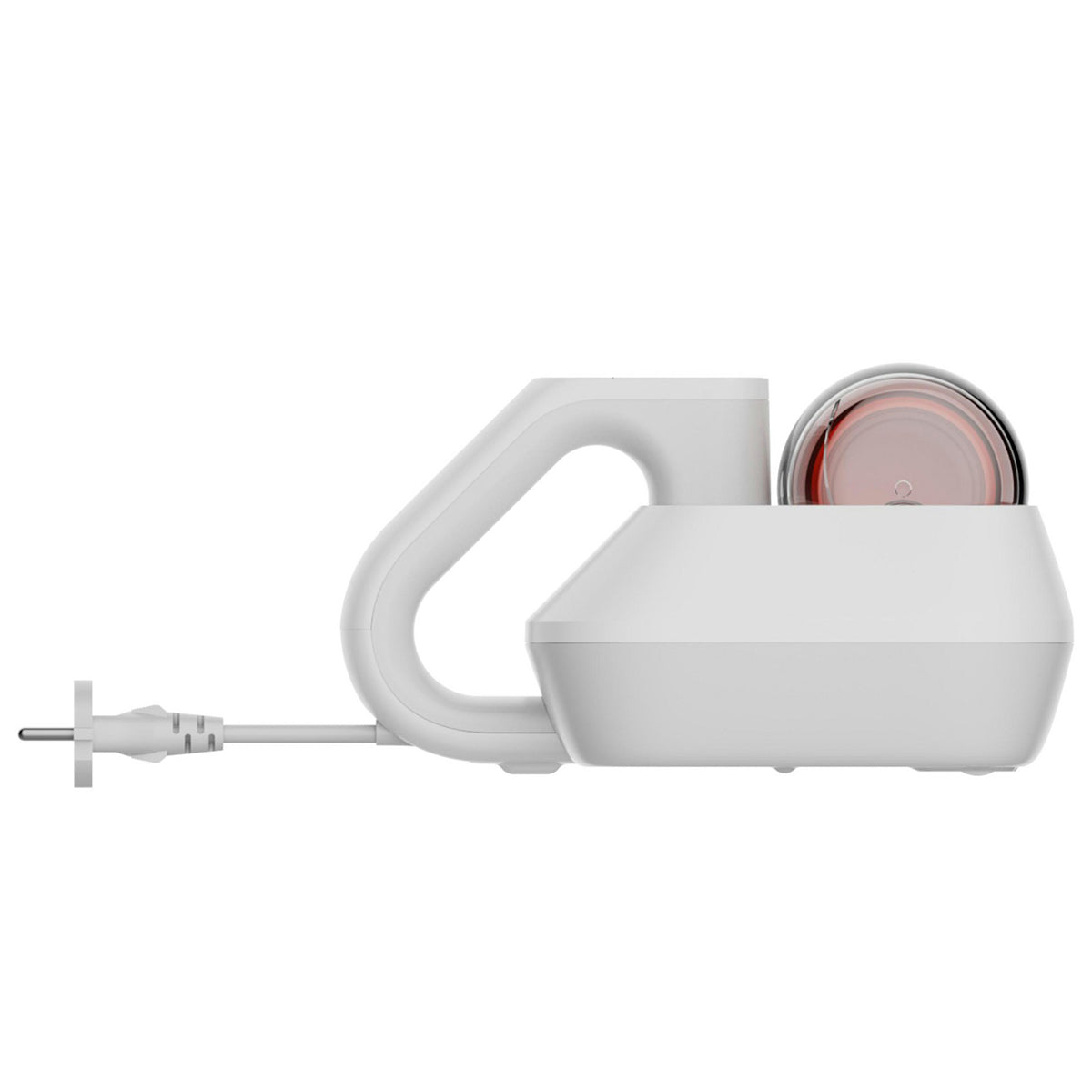 Seitenansicht eines modernen weißen elektrischen Handrührers mit aufgewickeltem Kabel und transparenter Schüssel im Stil des Xiaomi Staubmilben-Staubsaugers Pro von Xiaomi, der für sein elegantes Design und seine fortschrittlichen Funktionen bekannt ist.