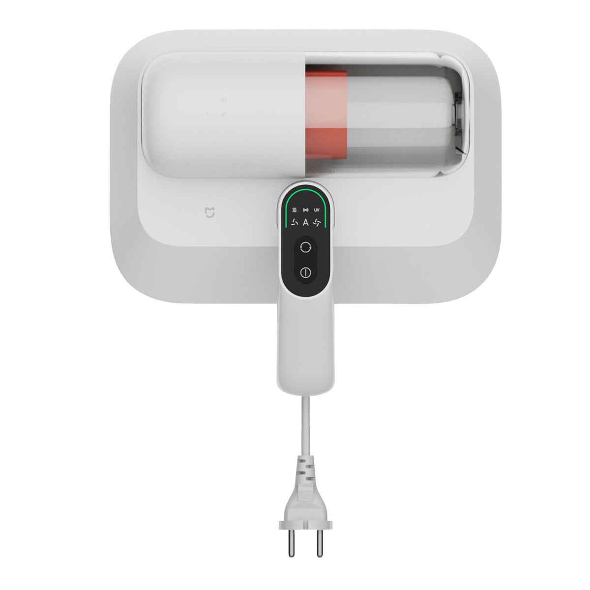 Der Xiaomi Staubmilben-Staubsauger Pro ist ein wandmontierter, weißer Staubsauger mit Digitalanzeige, sichtbarem Netzkabel und fortschrittlicher UV-Sterilisation für eine gründliche Reinigung.