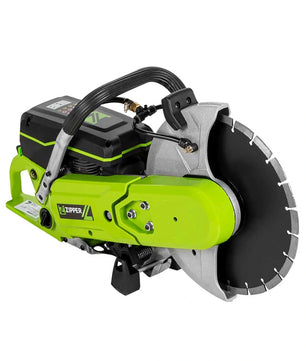 Der Zipper ZI-BTS300T 2400 W Betontrennschneider von Zipper ist eine grün-schwarze Handsäge mit großer Diamantscheibe und ergonomischem Griff - ideal für präzise Schneidaufgaben.
