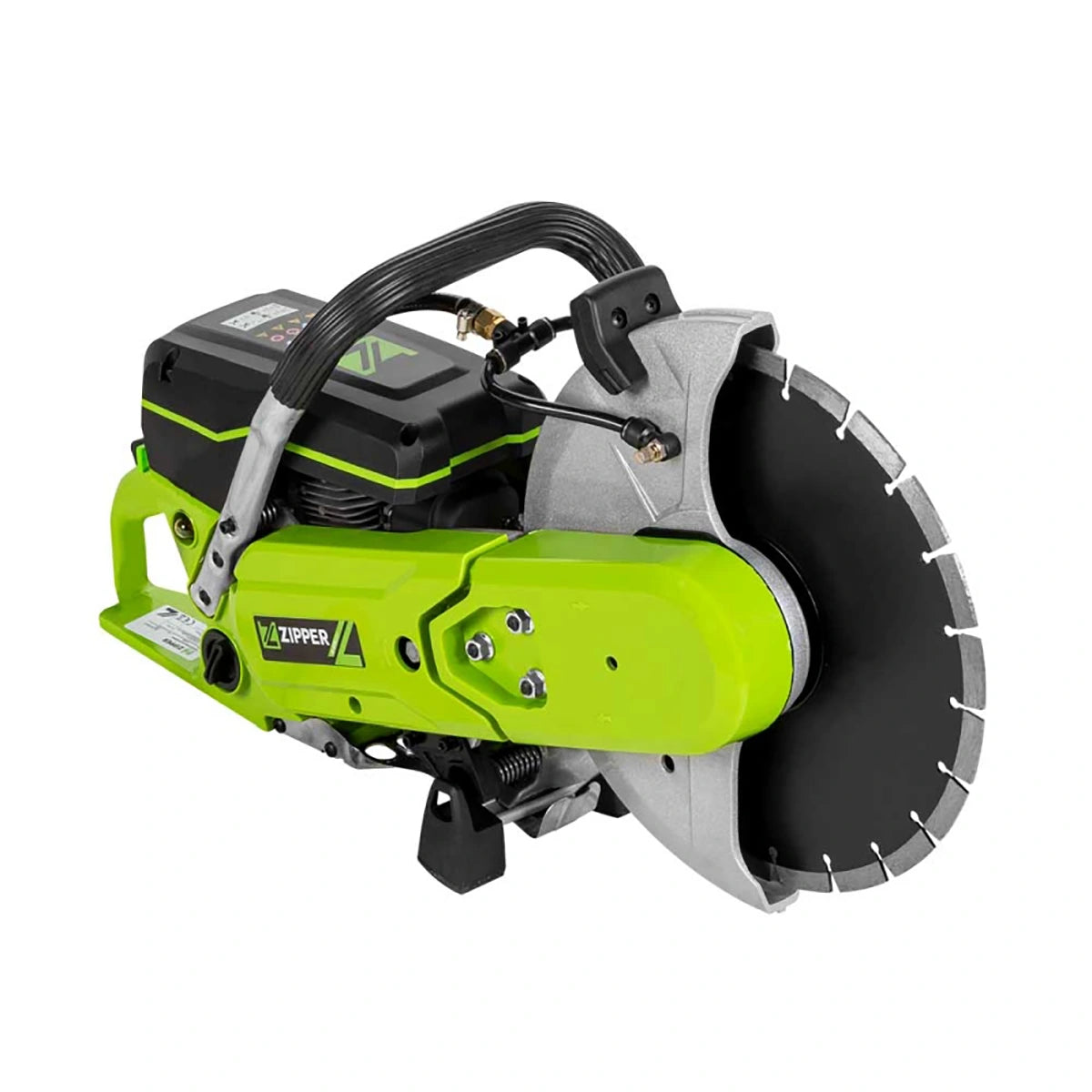 Der Zipper ZI-BTS300T 2400 W Betontrennschneider von Zipper ist eine grün-schwarze Handsäge mit großer Diamantscheibe und ergonomischem Griff - ideal für präzise Schneidaufgaben.