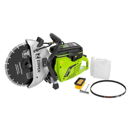 Der Zipper ZI-BTS300T 2400 W Betontrennschneider verfügt über eine große Diamantscheibe für Nass- und Trockenschnitte, plus Zubehör: Gürtel, Schlüssel, Behälter und kleine Box - ideal von Zipper für anspruchsvolle Betonschneideaufgaben.